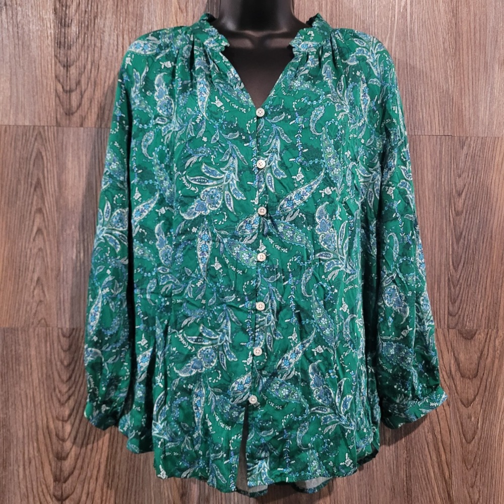 J Jill Button Front Blouse Sz M Green Floral Paisley Ruffle Neck EcoVero Cooling